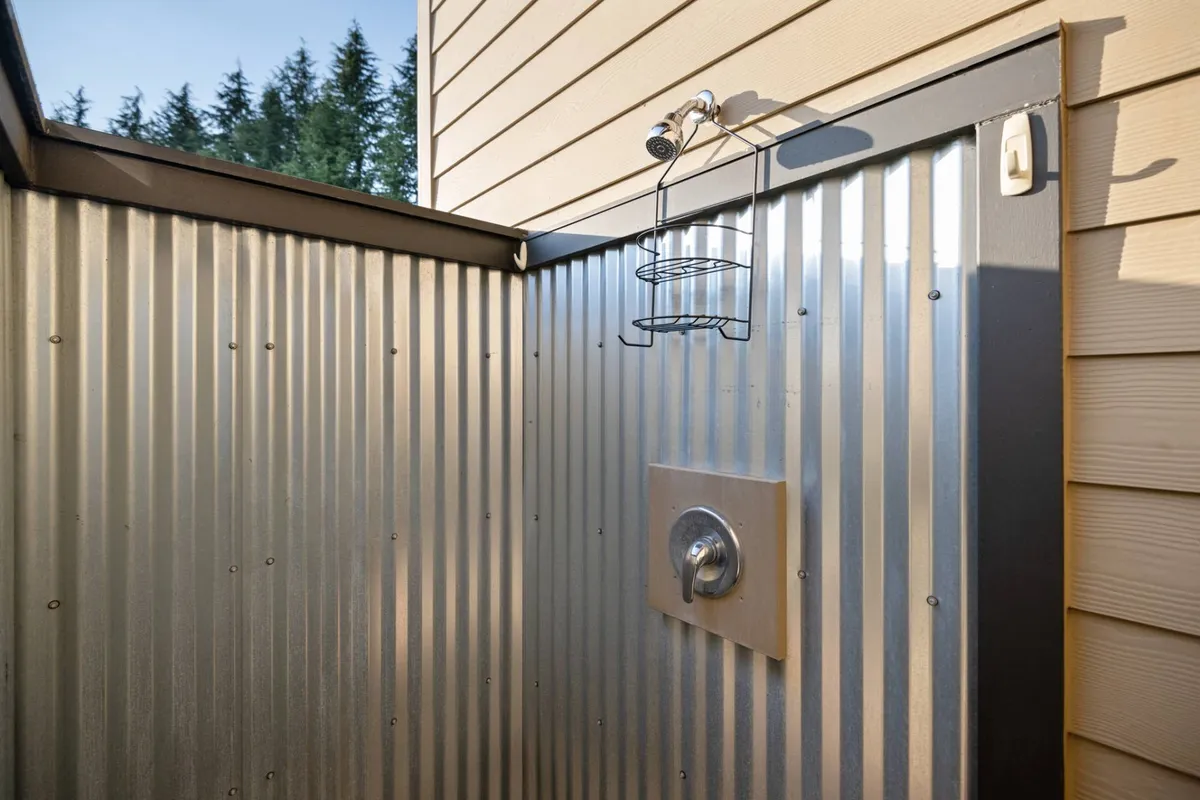 An inviting outdoor shower is set against a sleek metal wall, with a shelf for toiletries and open sky above. The scene is surrounded by nature, offering a refreshing and accessible outdoor experience after a day of wine country exploration.