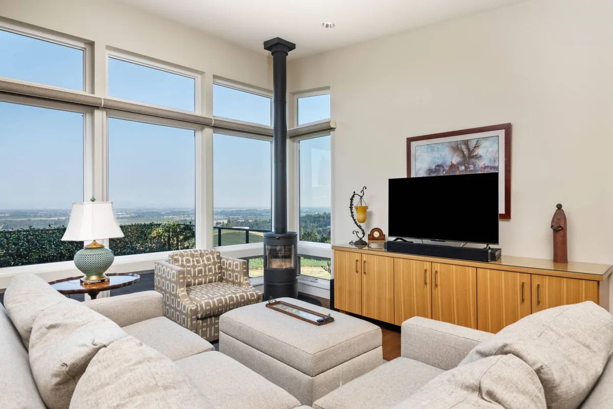A contemporary living space features large windows framing expansive vineyard views, comfortable modern furniture, a fireplace, and a TV unit. The arrangement provides ample space for relaxing or entertaining, with easy navigation throughout the room.