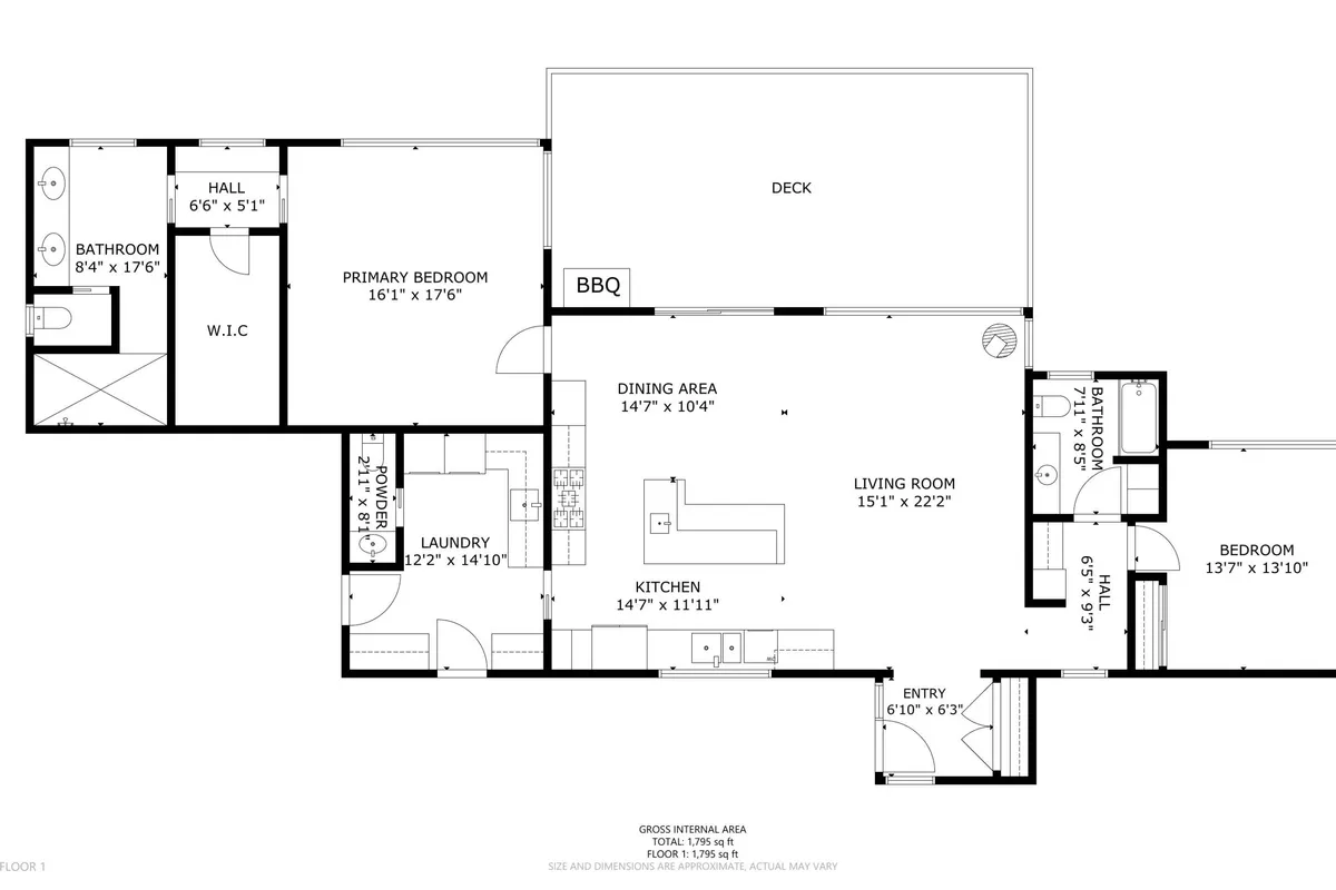 A spacious open-plan living and dining area seamlessly connects to a deck with outdoor seating and a BBQ area. Large windows flood the space with natural light and offer panoramic views of the surrounding landscape, while accessible pathways invite easy movement between indoors and out. The inviting kitchen, dining, and lounging zones encourage socializing and relaxation.